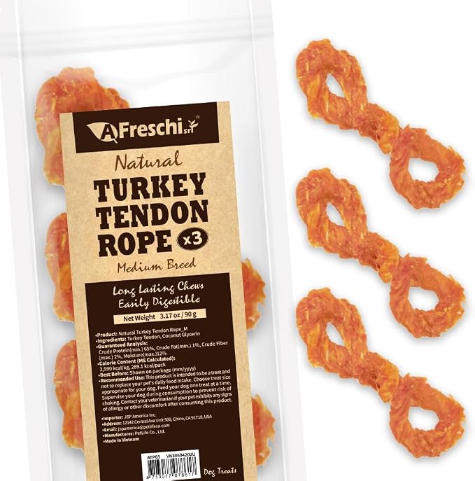 A Freschi srl Turkey Tendons for Dogs, USA-Sourced, Healthy Dog Treats, Rawhide-Free Puppy Chews, Long Lasting, All Natural, Hypoallergenic Dog Treats for Medium Breeds, 3 Count Pack Rope (M)