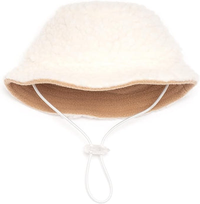 THE WORTHY DOG Faux Shearling Bucket Hat for Dogs – Stylish Pet Hat with Faux Shearling, Adjustable Chin Strap & Soft Brim for Comfort - Ivory, Medium