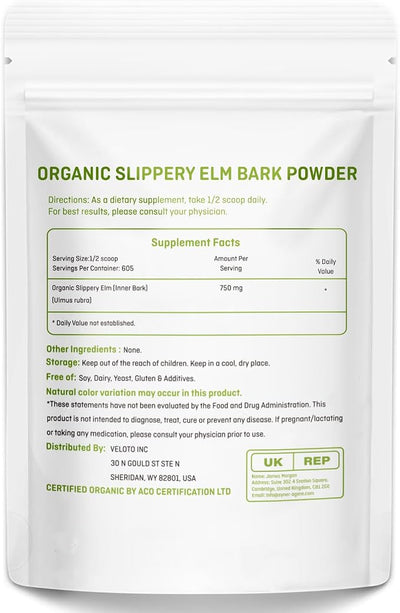 VELOTO Organic Slippery Elm Bark Powder, 1 Pound, Pure Slippery Elm Inner Bark Powder, Natural Vegan Herbal Supplement for Soothing Throat Digestive Health, Gluten-Free, No Contaminated, No GMOs, 454g