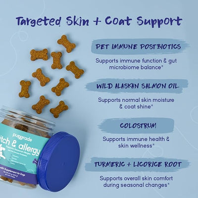 PupGrade Itch & Allergy Soft Chews for Dogs – Helps Reduce Occasional Itching – Skin & Coat Support Supplement with Pet Immune Postbiotics & Salmon Oil – Probiotic Immune & Gut Support – 60 Count