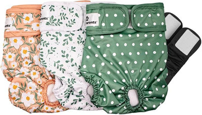Pet Parents® Washable Dog Diapers (3pack) + Extendrs® of Durable Doggie Diapers, Premium Dog Diapers Female (Small, Daisy)