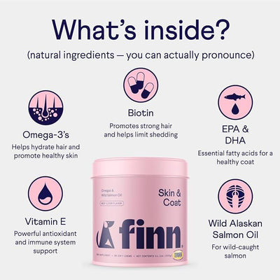 Finn Skin & Coat Salmon Oil Chews for Dogs | Omega-3 EPA & DHA | 90 Ct | Biotin, Zinc & B-Vitamins | Wild Alaskan Sourced | NASC Certified | Vet-Formulated | Healthy Skin & Coat