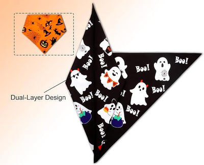 Halloween Dog Bandanas 2PCS Pumpkin Pet Scarf Small Dogs Cats | Halloween dog bandanas with pumpkin & cute ghost patterns.Perfect for fall parties,photos & holiday fun. Reversible design.