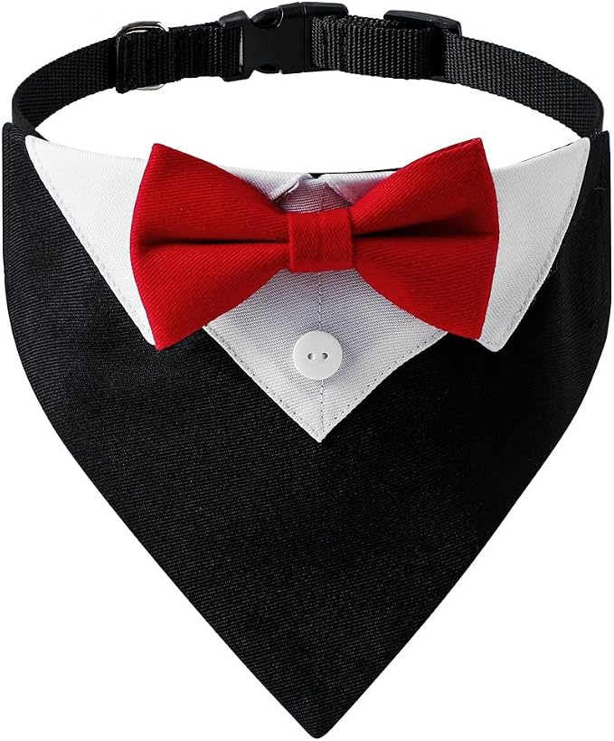 Tuxedo Dog Collar for Wedding Engagement and Birthday, Formal Dog Bandana Collar Costume with Bow Tie and Adjustable Buckle,Suitable for Small Medium Large Dog. (Red, M)