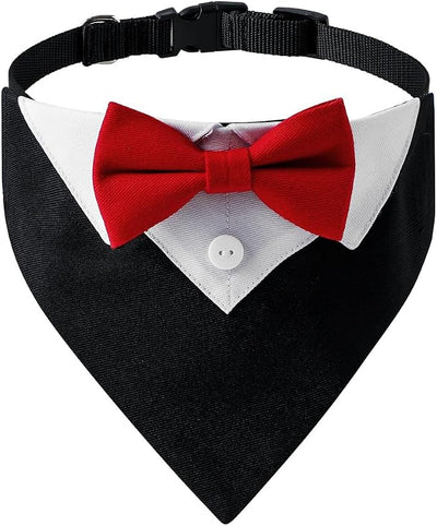 Tuxedo Dog Collar for Wedding Engagement and Birthday, Formal Dog Bandana Collar Costume with Bow Tie and Adjustable Buckle,Suitable for Small Medium Large Dog. (Red, M)