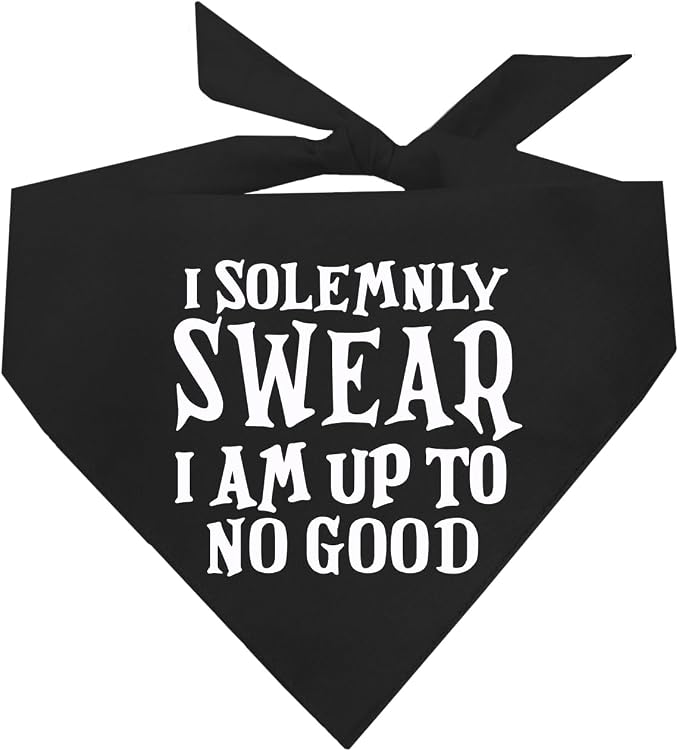 I Solemnly Swear I Am Up to No Good I Swear I'm Up to No Good Dog Bandana | 100% Cotton Triangle | Made in USA | Funny Matching Costume | Mischief | Playful Quote Sayings | Black, One Size (1101)