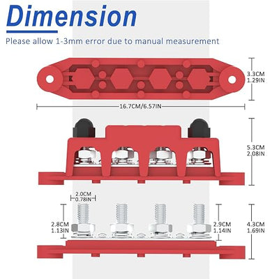 Bus Bar 250A 12V Power Distribution Block with 3/8" (M10) 4-Posts Terminals Block with Cover for Automotive, Marine, Battery System (Black & Red)