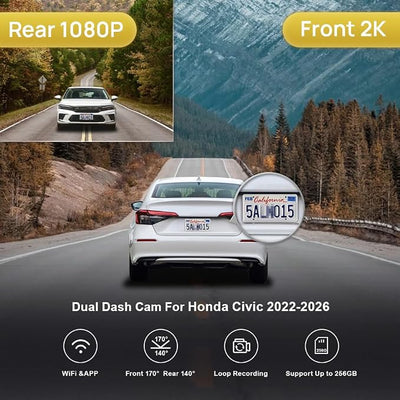 Fitcamx Front 2K+Rear 1080P Dash Cam Adapts for Honda Civic 2022-2026 (Black Cover) & Type R Si, OEM Factory Look, Dual HD Video, Loop Recording, WiFi & APP, G-Sensor, Easy to Set, 64GB Card