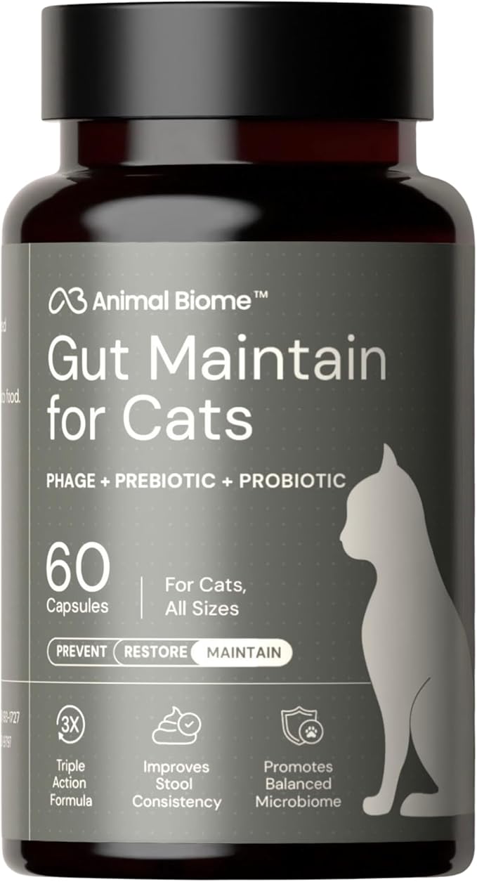 AnimalBiome NEW Probiotics for Cats with S Boulardii (60 Capsules) KittyBiome - Gut Maintain Triple-Action Phage, Prebiotics & Probiotic Cat Supplements for Digestive Health, Open for Easy Food Topper