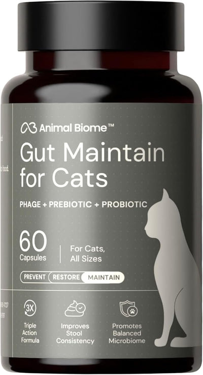 AnimalBiome NEW Probiotics for Cats with S Boulardii (60 Capsules) KittyBiome - Gut Maintain Triple-Action Phage, Prebiotics & Probiotic Cat Supplements for Digestive Health, Open for Easy Food Topper