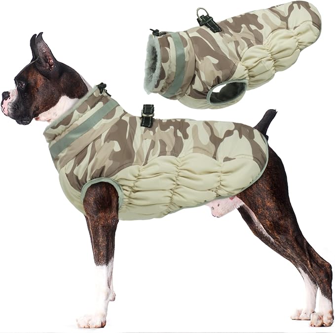 Lelepet Warm Dog Winter Coat Dog Coats for Large Dogs Waterproof Dogs Jacket with Harness Built in Reflective Cold Weather Coats Windproof Zip-Up Winter Fleece Vest Snowsuit Boxer Desert Camo XL