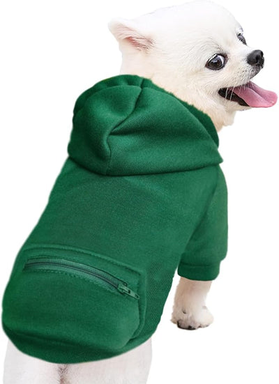 Jecikelon Dog Hoodies for Small Dogs with Zipper Pocket, Soft Fleece Puppy Clothes with Rope Hat, Warm Winter Outfits Cold Weather Coats, Cute Sweatshirt Chihuahua Costume (Green, XX-Small)