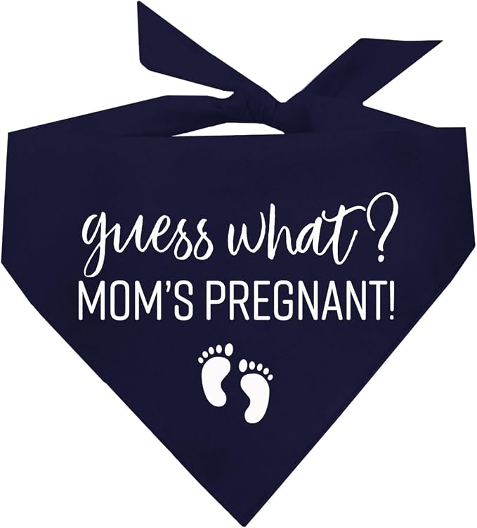 Guess What? Mom's Pregnant Dog Bandana | 100% Cotton Adjustable Triangle | Made in USA | New Baby | Pregnancy Announcement Photoshoot Prop | Gender Reveal | Navy X-Small (216)