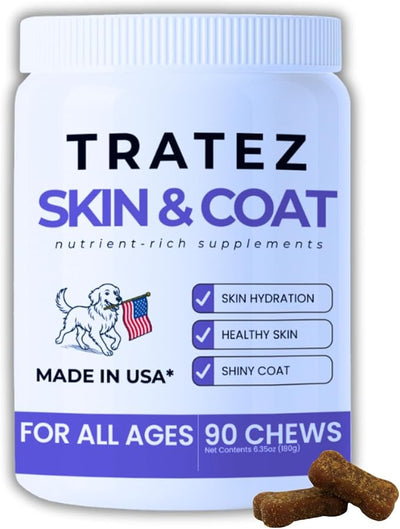 Skin & Coat Supplement for Dogs - Omega 3 6 9 Fish Oil & Vitamin E Soft Chews - Dog Itch Relief, Anti-Shedding & Shiny Coat Support for All Breeds, 90 Count