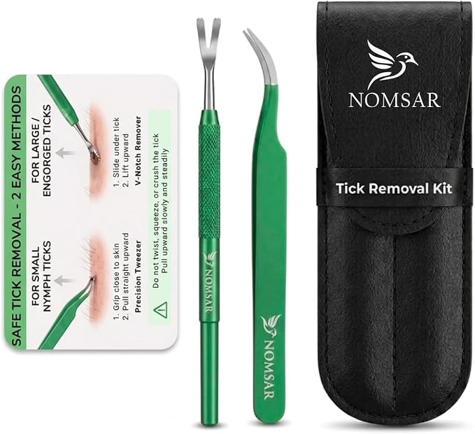 Premium Tick Removal Tool Kit – Stainless Steel Tick Tweezers & V-Notch Remover, Tick Remover for Dogs & Humans with Leather Case & Tick Identification Card