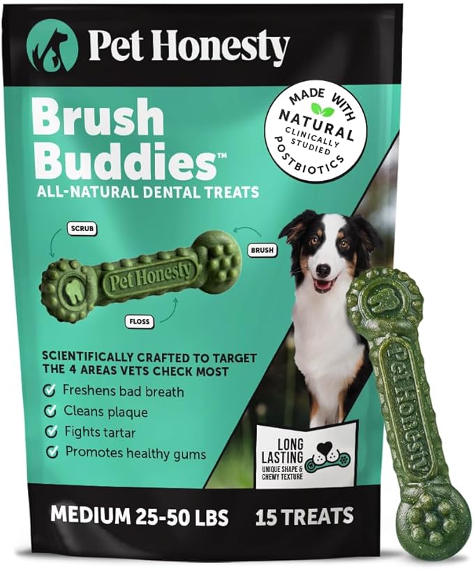 Brush Buddies Long Lasting Dog Dental Chews - All Natural Dental Sticks for Teeth Cleaning Plaque Off + Tartar Remover for Dogs - Dog Dental Treats + Breath Freshener - Medium Sized Dogs (15 Count)
