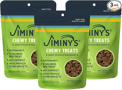 Jiminy's Chewy Cricket Dog Training Treats, Chewy, Low Calorie, Hypoallergenic, Made in USA, 6oz, Sweet Potato & Pea (Pack of 3)