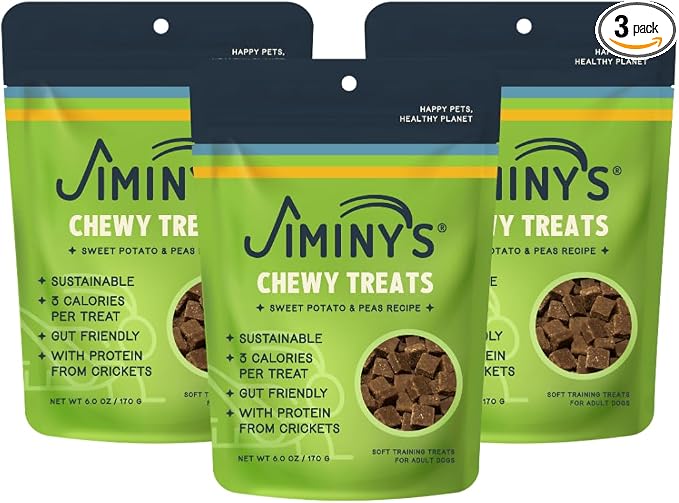 Jiminy's Chewy Cricket Dog Training Treats, Chewy, Low Calorie, Hypoallergenic, Made in USA, 6oz, Sweet Potato & Pea (Pack of 3)