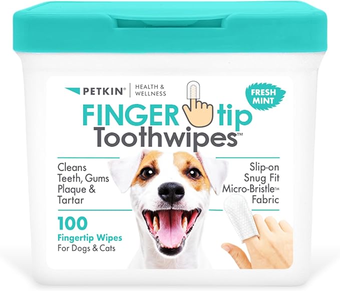 Petkin Fingertip Tooth Wipes for Dogs and Cats, 100 Finger Wipes - Slip-On, Snug Fit, Micro-Bristle Fabric - Cleans Teeth, Gums, Plaque & Tartar - Convenient, Ideal for Home and Travel - Fresh Mint