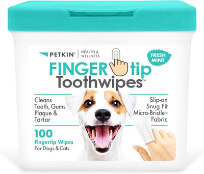 Petkin Fingertip Tooth Wipes for Dogs and Cats, 100 Finger Wipes - Slip-On, Snug Fit, Micro-Bristle Fabric - Cleans Teeth, Gums, Plaque & Tartar - Convenient, Ideal for Home and Travel - Fresh Mint
