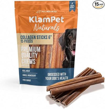 Collagen Sticks for Dogs – 6 Inch (15 Pack) Natural Single-Ingredient Beef Chews – Long-Lasting & Fully Digestible – Supports Dental & Joint Health