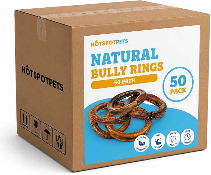 hotspot pets Bully Stick Rings for Dogs - Premium All Natural Long Twisted Beef Pizzle Dog Chew Treats - Grain Free Fully Digestible Rawhide Alternative 50 Count