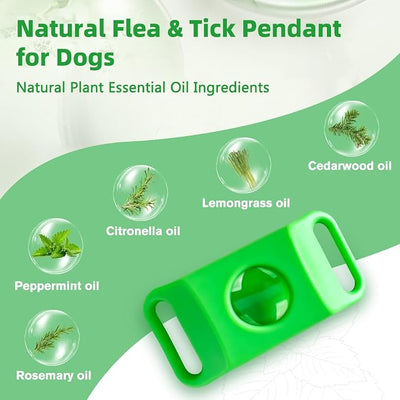 Natural Flea and Tick Prevention Pendant for Dogs Flea and Tick Collar, Waterproof Flea and Tick Repellent Dog Tag Safe for All Breeds & Sizes with 2 Silicone Buckles & 4 Refills, COLLAR NOT INCLUDED