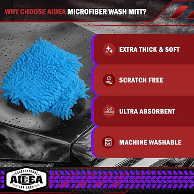 AIDEA Car Wash Mitt Microfiber, 2PK, Car Wash Brush, Blue, 7.12''X10.14'' | Scratch Free Lint Free Premium Chenille Microfiber Mitt, Cleaning Supplies, Regular Size
