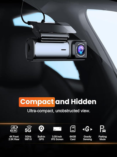 Affver 4K+2.5K Dash Cam Front and Rear, Built-in 5G WiFi 6 GPS, 64GB Card Included, 3.59'' IPS Screen Dash Camera for Cars, Dual Dashcam with G-Sensor, Loop Recording, 24H Parking Monitor
