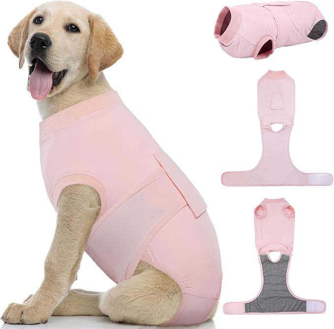 Kuoser Dog Recovery Suit for Dogs After Surgery, Soft Dog Surgical Onesie for Female Male Dogs Spay Neuter, Anti-Licking Pet Bodysuit for Abdominal Wounds, Skin Disease, E-Collar Alternative, Pink M