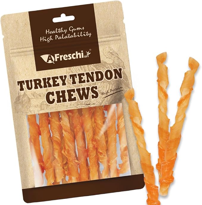 A Freschi srl Turkey Tendons for Dogs, USA-Sourced, Healthy Dog Treats, Rawhide-Free Puppy Chews, Long Lasting, All Natural, Hypoallergenic Dog Treats, Coil (L), 3 oz Pack