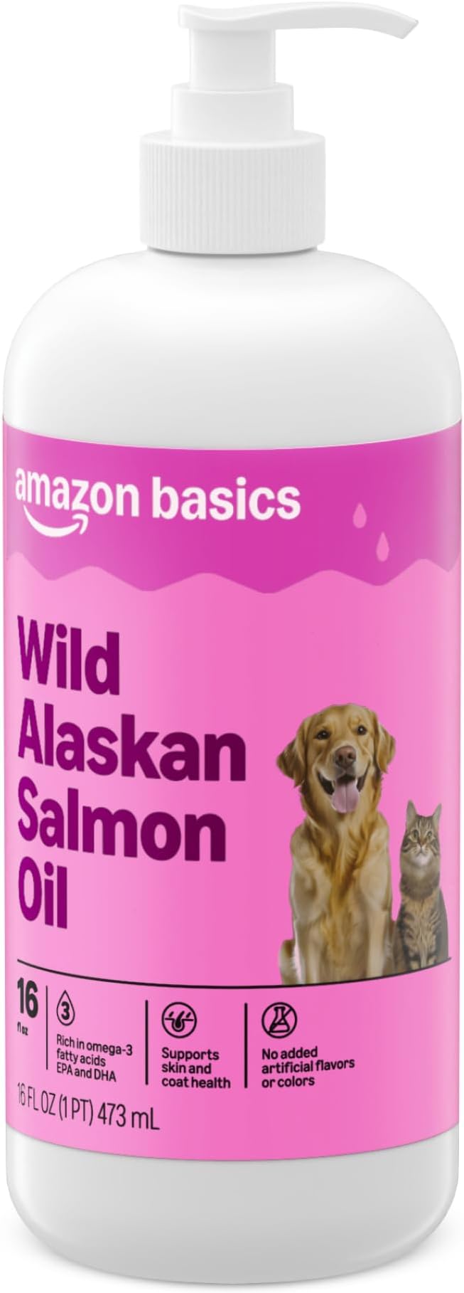 Amazon Basics Wild Alaskan Salmon Oil - Skin and Coat Support, Omega 3 Supplement for Dog and Cat, 16 fl oz (Previouly Wonder Bound)