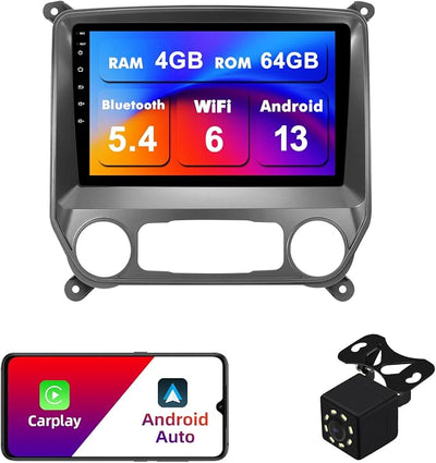 4+64G Android 13 Double Din Car Stereo for Chevrolet Silverado/GMC Sierra 2014-2018 with 10.1 Inch Touchscreen Radio Built-in Wireless Carplay/Android Auto/GPS/Bluetooth/FM/AUX-in/SWC/Backup Camera
