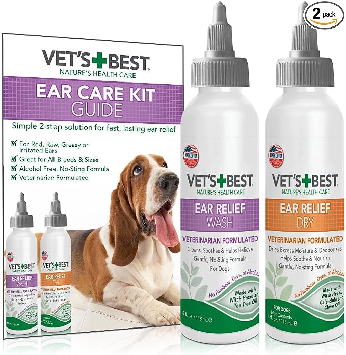 Vet's Best Dog Ear Cleaner Kit - Multi-Symptom Ear Relief - Wash & Dry Treatment - Alcohol-free