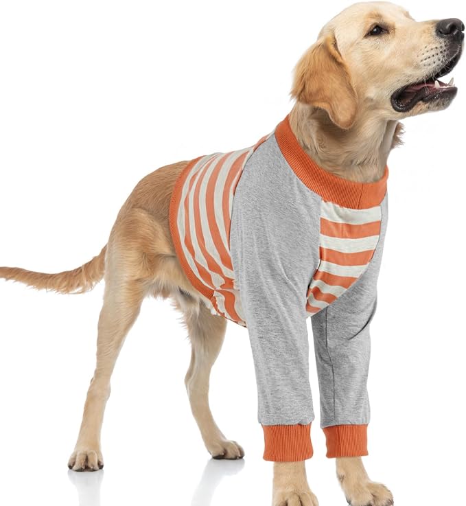 FUAMEY Dog Recovery Sleeve with Elbow Protector,Dogs Shirt Stop Licking Joints,Pet Long Sleeve Suit Protecting Dog's Front Leg Arm Wounds Cover Skin Conditions Orange Stripes 2XL