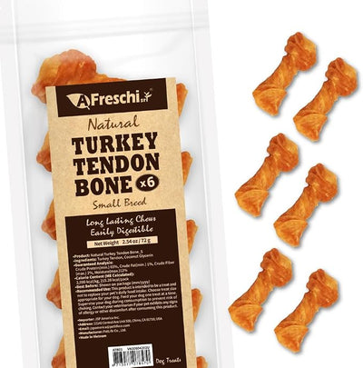 A Freschi srl Turkey Tendons for Dogs, USA-Sourced Human Grade, Rawhide-Free Long-Lasting Puppy Chews, All Natural Hypoallergenic Dog Treats for Small Breeds, Bone (S), 6 Count Pack