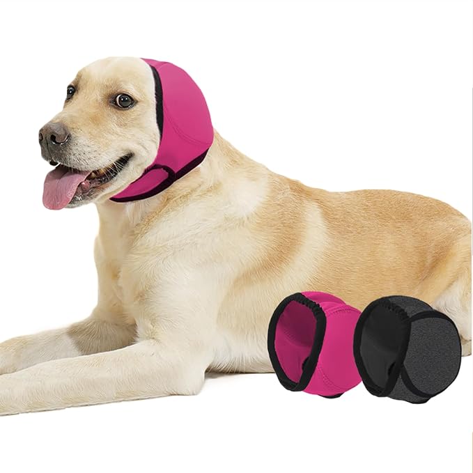 SEIS Calming Dog Ears Cover, Swimming Waterproof Pet Ear Caps, Large Dog Shower Cap for Ear Protection for Bath for Grooming (Pink, L (Head Circumference 18"-24"))