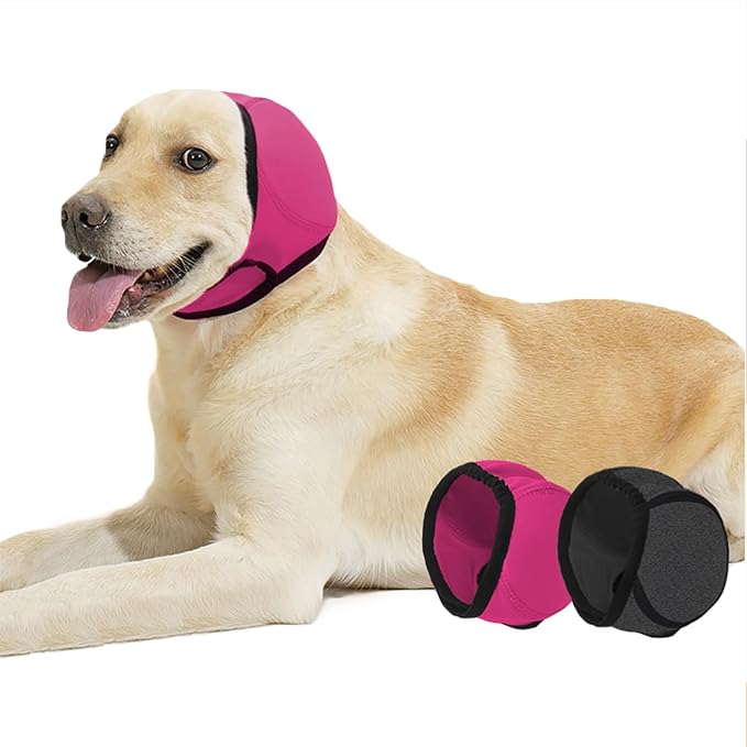 SEIS Calming Dog Ears Cover, Swimming Waterproof Pet Ear Caps, Large Dog Shower Cap for Ear Protection for Bath for Grooming (Pink, S (Head Circumference 10"-15"))