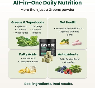 Canine NutriGreens - Natural Dog Vitamins & Probiotics for Dogs. No Messy Powder. Includes Spirulina, Kelp & Antioxidant Berry Mix. 6-in-1 Dog Supplements & Vitamins Chews. Super Greens for Dogs.