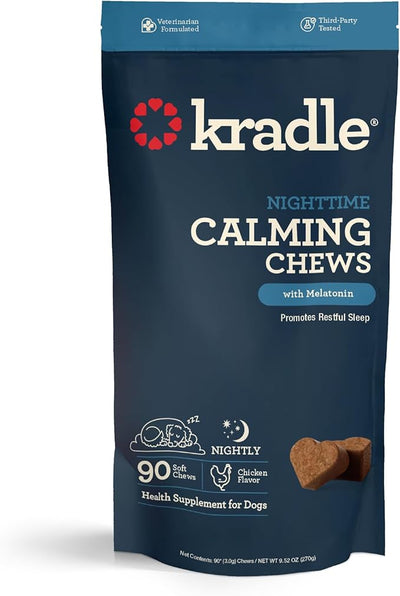 Kradle Nighttime Calming Chews for Dogs - Sleep and Relaxation Support - Melatonin L-Theanine Chamomile Ashwagandha - Calming Supplement for Bedtime and Stress - Chicken Flavor - 90 Chews