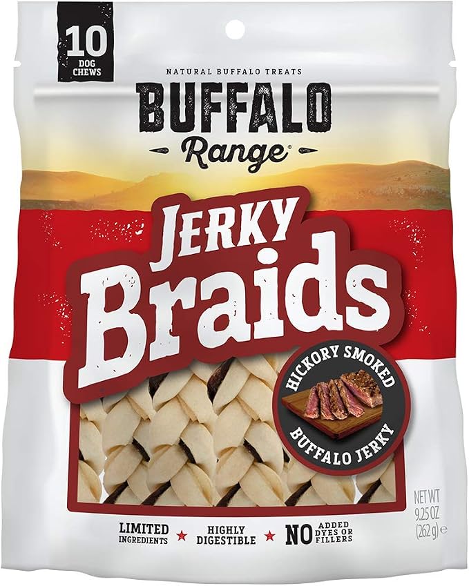 Buffalo Range Rawhide Dog Treats - Healthy, Grass-Fed Buffalo Jerky Raw Hide Chews - Hickory Smoked Flavor - Jerky Braids, 10 Count