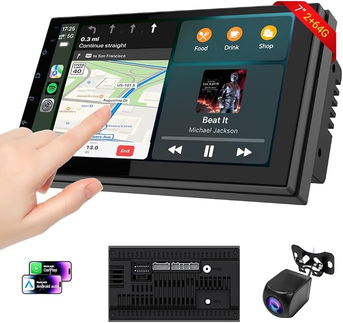 Haudio Car Accessories 7" HD Double Din Car Stereo with Carplay & Android Auto, 2+64G CarAudio Receivers Featuring Voice Control, Backup Camera,Bluetooth, GPS Navigation, Built-in 14Band DSP EQ