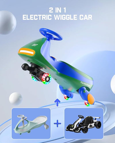 FanttikRide N7 Pro Electric Wiggle Car with Pedal, Rechargeable Battery, CyberWiggle, 2 in 1 Swing Car, 2 Speeds Max 4 Mph, Anti-Rollover, Flashing Wheels, Bluetooth, Ages 3+, 150 Lbs, Green