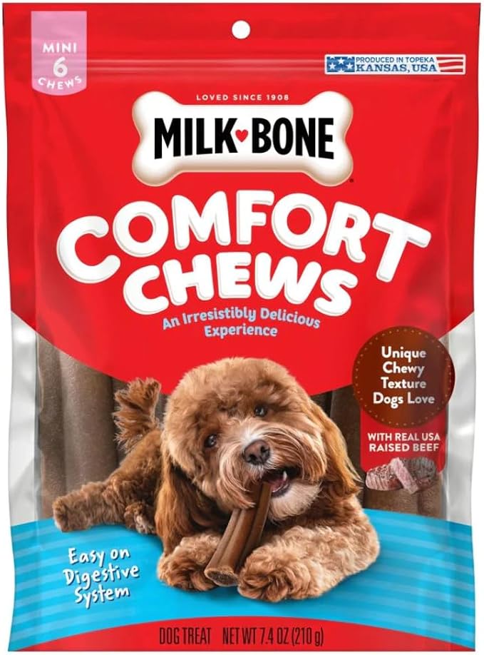 Milk-Bone Mini Comfort Chews, Dog Chews with Unique Chewy Texture and Real Beef, 7.4 Oz Bag of 6 Chews