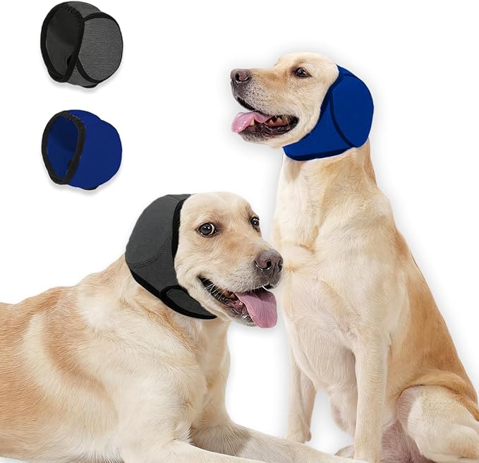 Dog Ear Covers,Dog Ear Muffs Noise Protection,No Flap Ear Wrap for Dogs Hematoma Recovery,Adjustable Calming Hoodie Shower Cap for Grooming,Bathing,Swimming & Anxiety Relief(Grey&Blue,S)