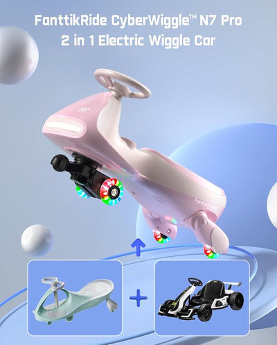 FanttikRide N7 Pro Electric Wiggle Car, Rechargeable Battery, CyberWiggle, 2 in 1 Swing Car, 2 Speeds Max 4 Mph, Anti-Rollover, Flashing Wheels, Bluetooth, Ages 3+, 150 Lbs,Pinkish White
