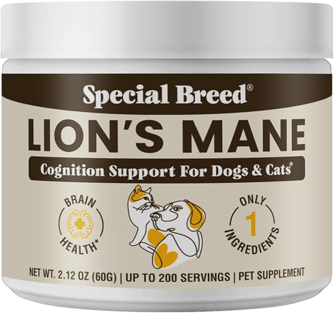 Organic Lion’s Mane for Dogs & Cats - Cognitive & Brain Support Supplement - Supports Memory, Focus & Nervous System Health - Mushroom Powder - 200 Servings