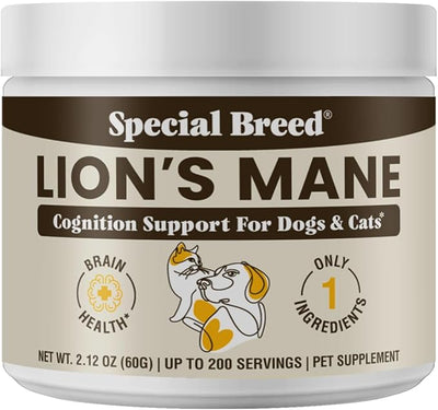 Organic Lion’s Mane for Dogs & Cats - Cognitive & Brain Support Supplement - Supports Memory, Focus & Nervous System Health - Mushroom Powder - 200 Servings
