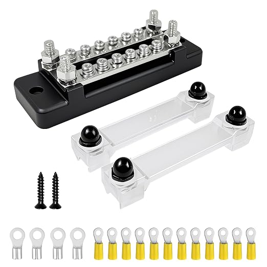LENKRAD 150A Double-Row Busbar Power Distribution Block 12V Bus Bar with Ring Terminals, 304 Stainless Steel Marine Terminal Block and Ground Buss Bar Kit, 4 x M6 Stud, 12 x M4 Screw