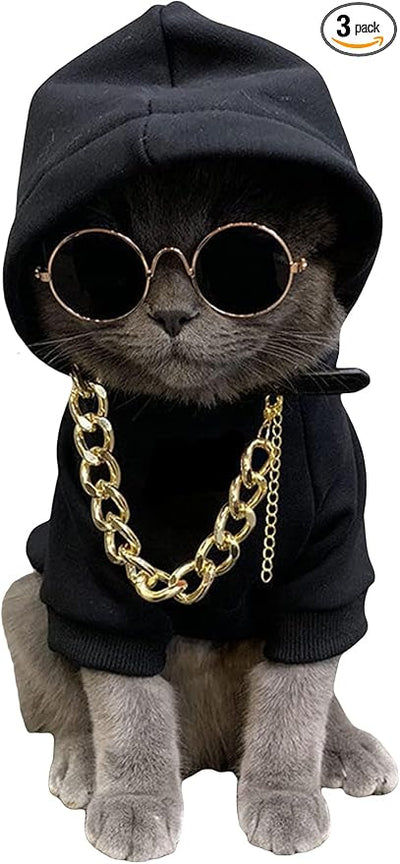 QWINEE 3Pcs Dog Hoodie Cat Apparel Dog Custume Set with Necklace and Sunglasses Pet Clothes for Puppy Small Medium Dogs Cats Multicolor S